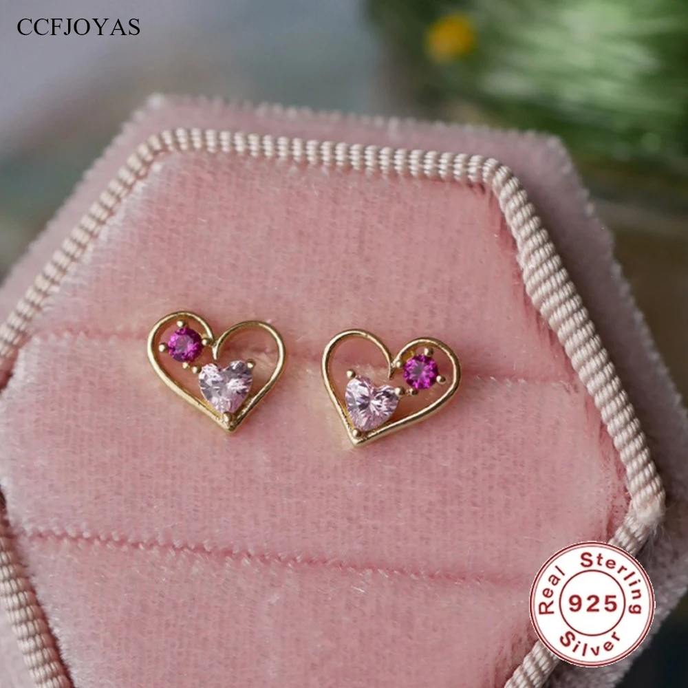 

CCFJOYAS 925 Sterling Silver Hollow Pink Zircon love Stud Earrings for Girl Romantic Exquisite Sweet Girly Dopamine Studs