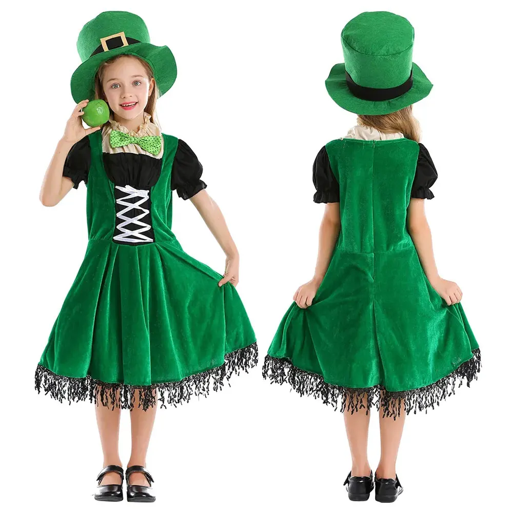 

Halloween Ireland St.Patrick's Day Girls Children Green Leprechaun Elf Cosplay Costume Purim Party Magician Lucky Fairy Dress