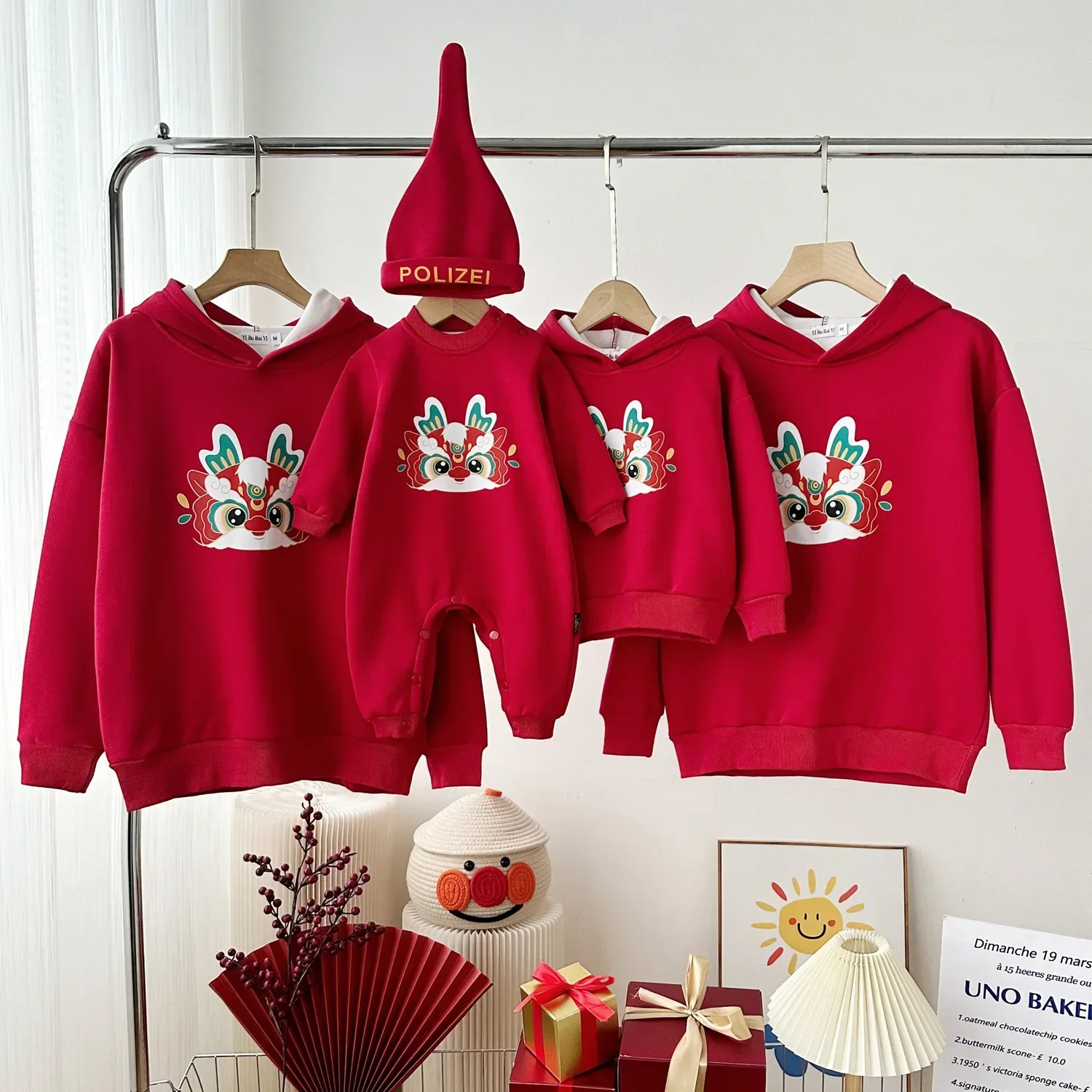 Dragon Year Winter Hooded Sweatshirts for Whole Family Red Chinese Hoodies Dad Mom and Son Daughter Matching Clothes Baby Romper