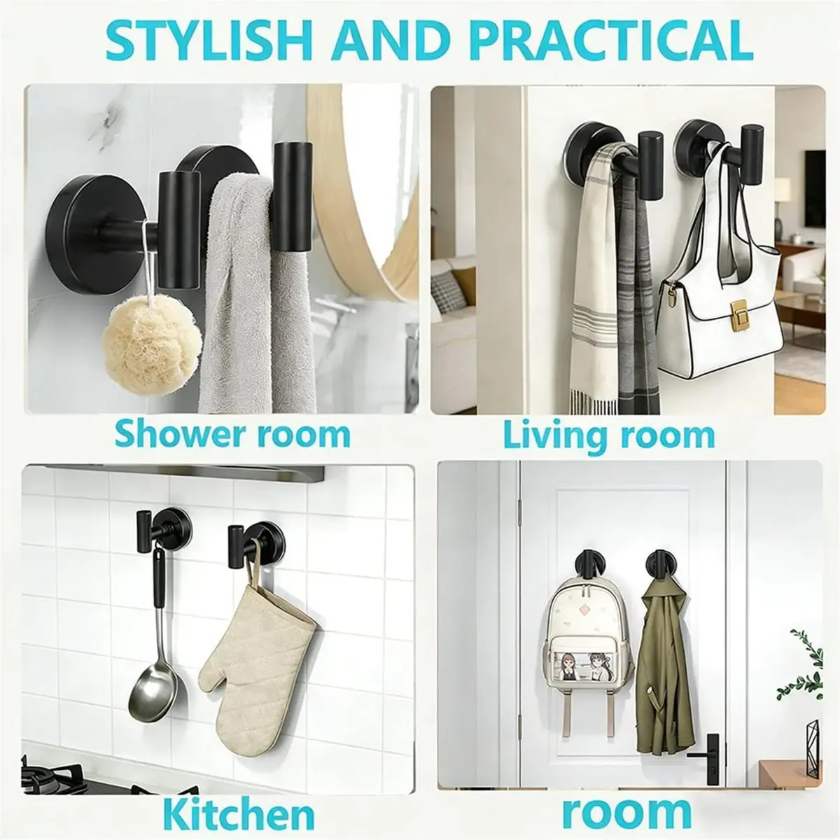 newA10R 4 Pack Suction Cup Hooks Strong Towel Shower No Drill Home Storage Wash Black Cloth Holder for Shower Bathroom