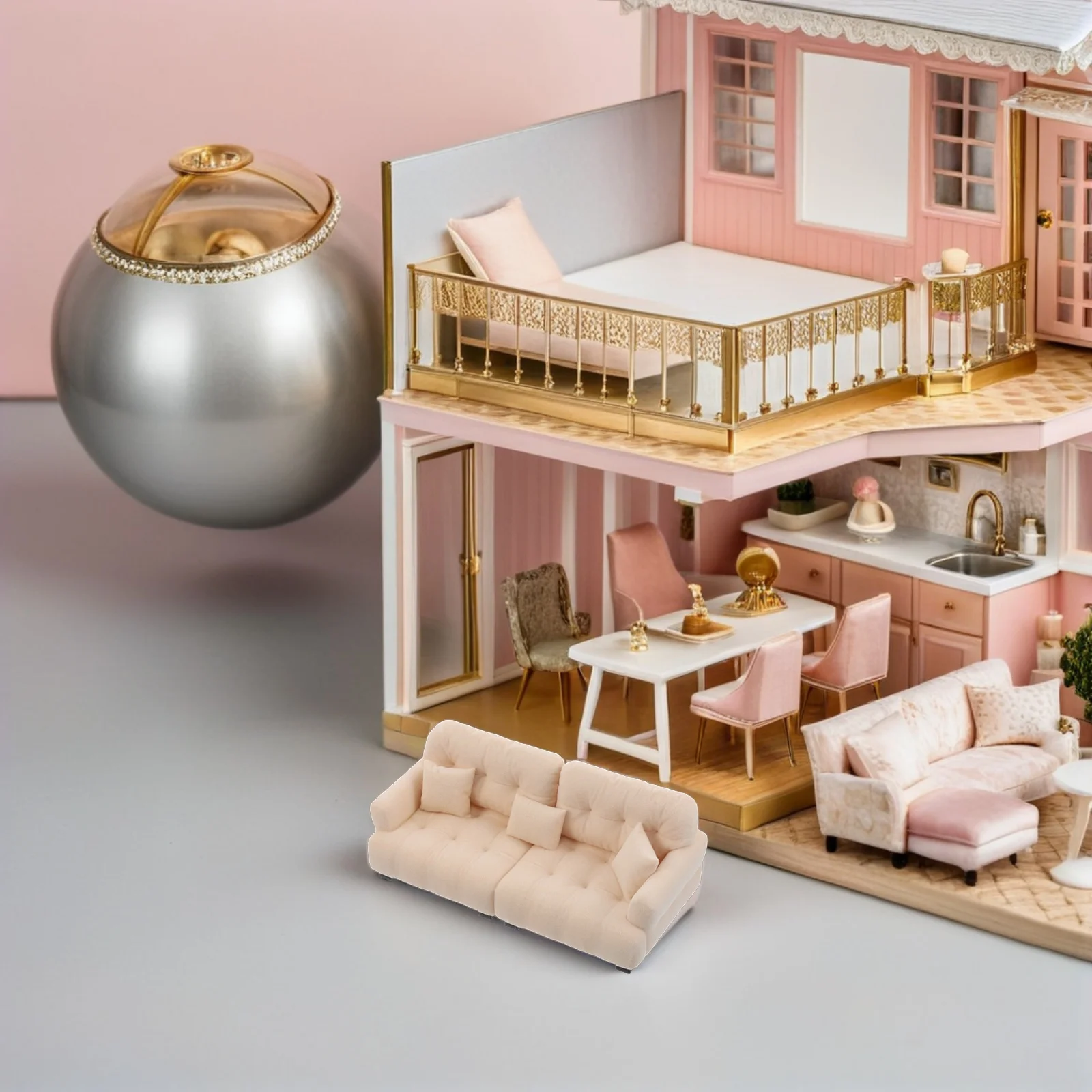 Miniatur-Sofa, cremig, 1:25, moderne kleine Möbel, Puppenhaus-Sofa, Wohnzimmer-Accessoires, Möbel, Puppenhaus-Dekoration