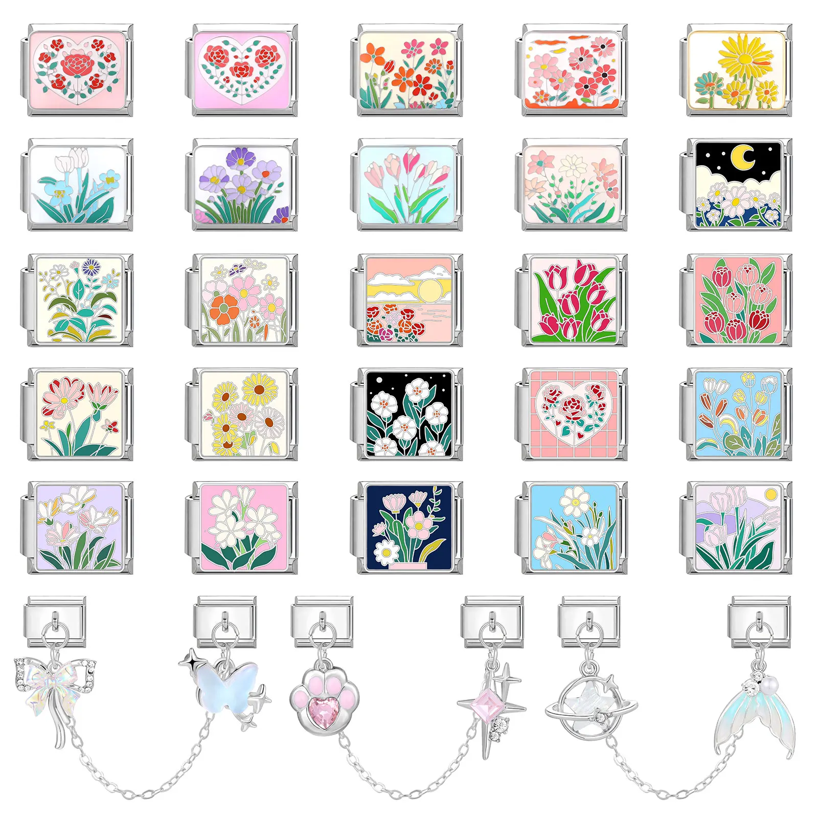 

Y2K Colorful Flowers Sweet Daisy Rose Tulip Italian Charm Links Fit 9mm Bracelet Stainless Steel Women DIY Making Gifts