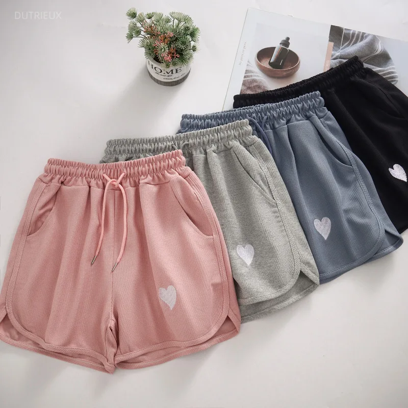 Wafge Heart-embroidered Sports Shorts For Women Summer Elastic High Waist Loose Wide Led Hot Pants Y2k Aesthetic Casual Pantalon