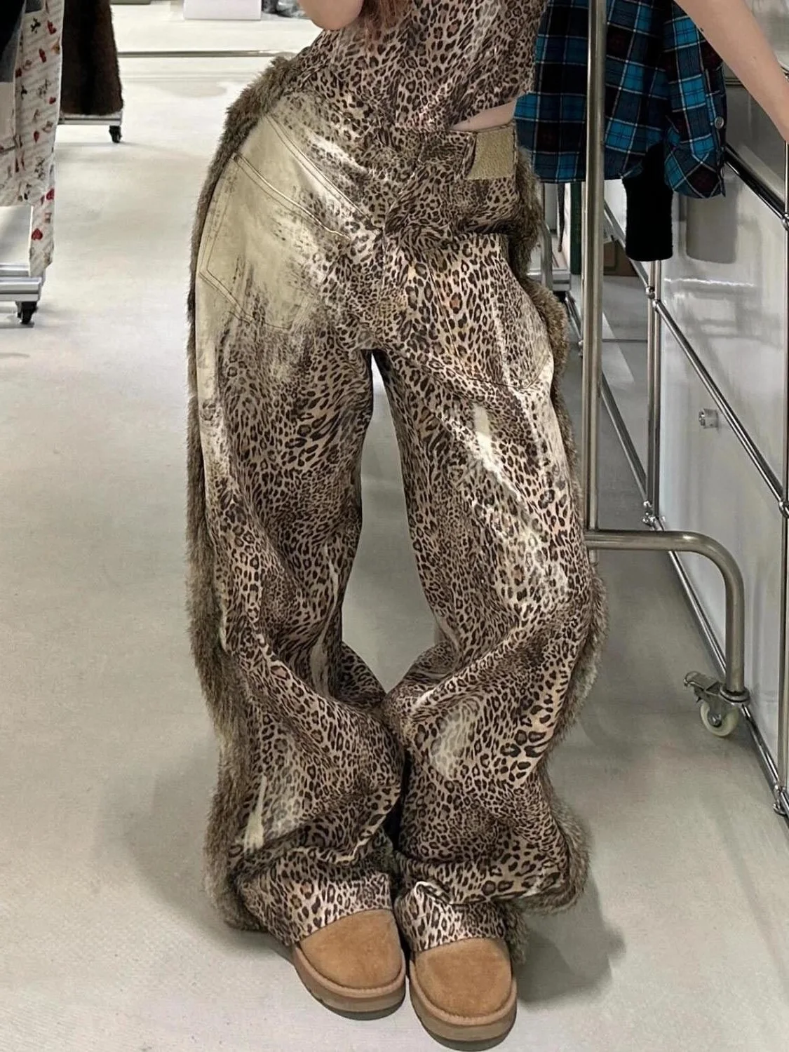 

American Hot Girl Wash Spliced ​​Fluff Leopard Print Jeans Spring Autumn Loose Slimming Straight Wide-Leg Draped Trouser