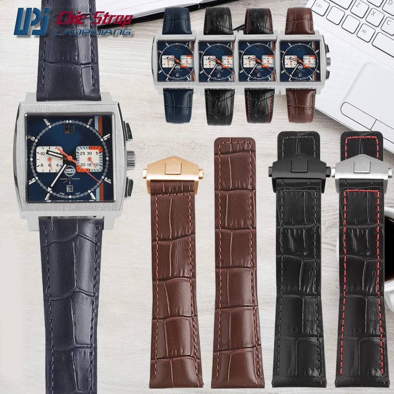 Cowhide Leather Watch Strap For Tag Heuer Carrera F1 AQUARACER Monaco Universal Leather Watchband Folding Buckle Style Bracelet