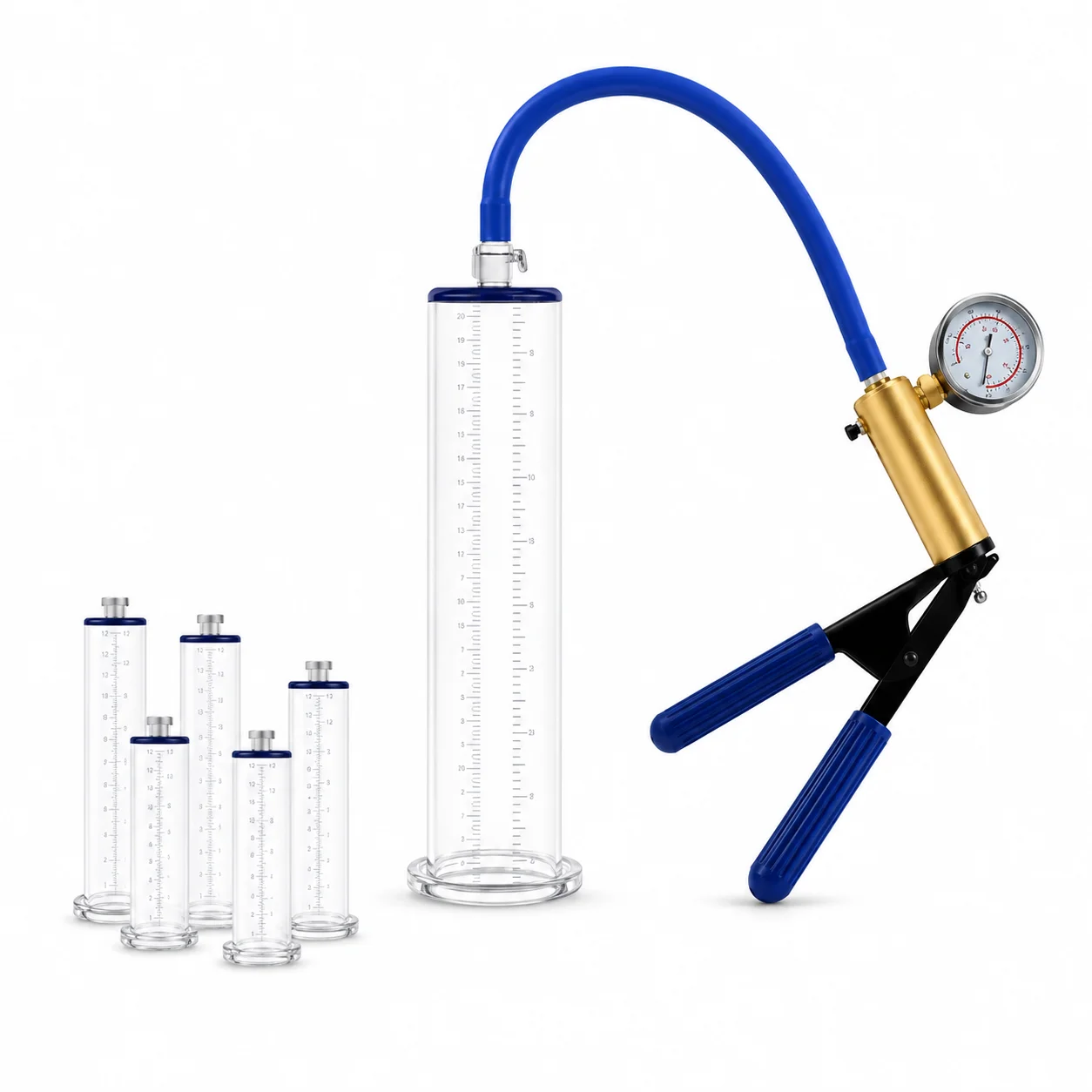 Male Vacuum Pump Trainer with Clear Acrylic Measuring Cylinder Metal Pressure Gauge and Manual Air Control Handle Blue Hose