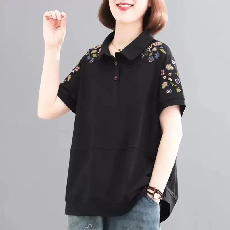 

Женская повседневная рубашка-поло с цветочной вышивкой, короткий рукав, свободный крой, однотонная, летний топ