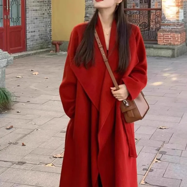 Korean Winter Wool Blend Coat for Women Jacket Double-Sided Cashmere OverCoat Loose Causal Long Office Lady Outerwear