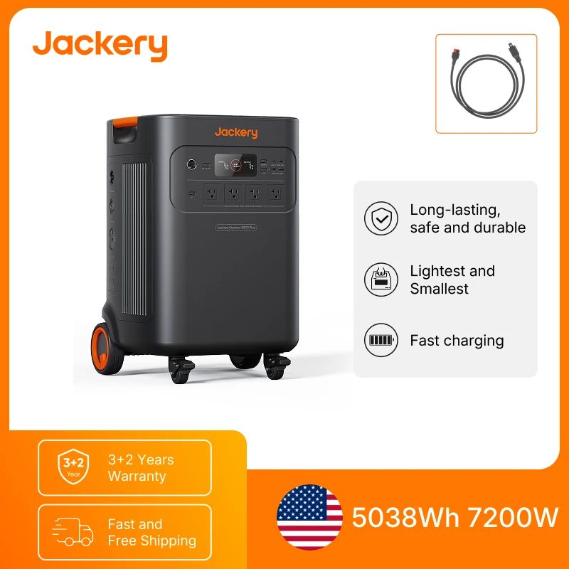 

Портативная электростанция Jackery Solar Generator 5000 Plus с удлинительным кабелем 5 м, 5038 Вт·ч LiFePO4, надежный резервный источник питания для использования при отключении электричества