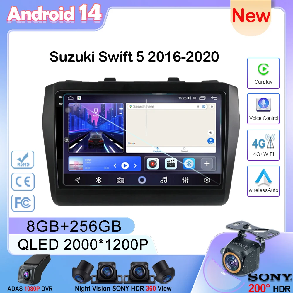 Android 14 Auto Radio Stereo Car Player For Suzuki Swift 5 2016-2020 Carplay No 2din DVD Navigation Multimedia GPS QLED Screen