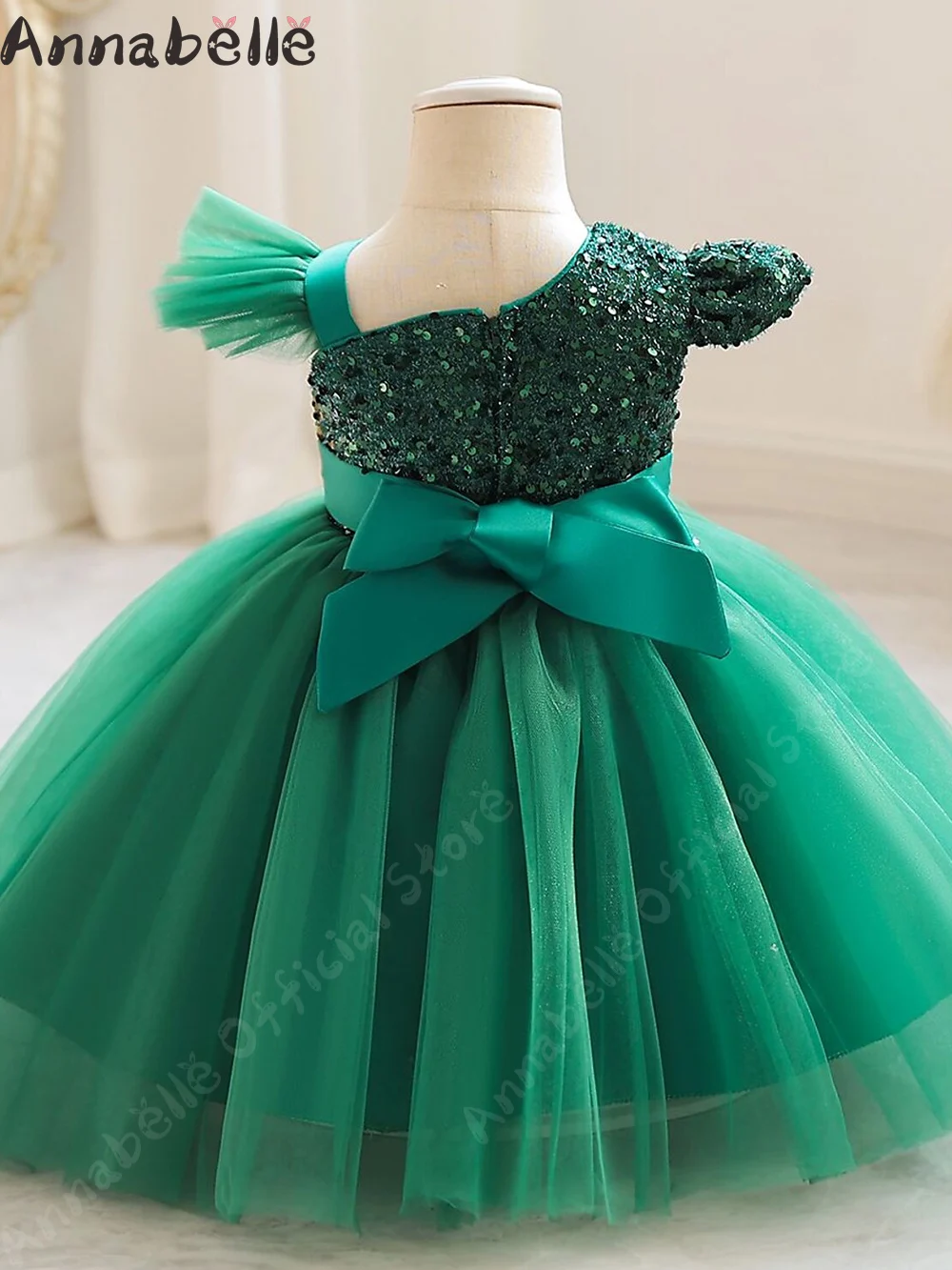 Annabelle-Robe bouffante à sequins pour filles, robe de mariée pour enfants, haut à nœud avec ceinture, design élégant pour mariages