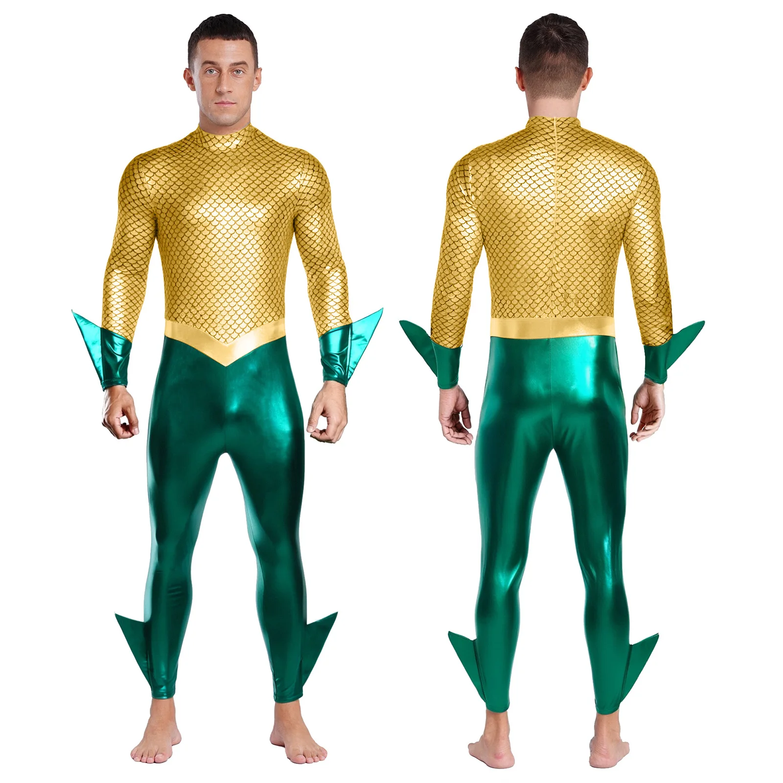 

Mens Halloween Movie Characters Cosplay Costume Metallic Shiny Fish Scale Print Jumpsuit Masquerade Theme Party Fancy Dress Up