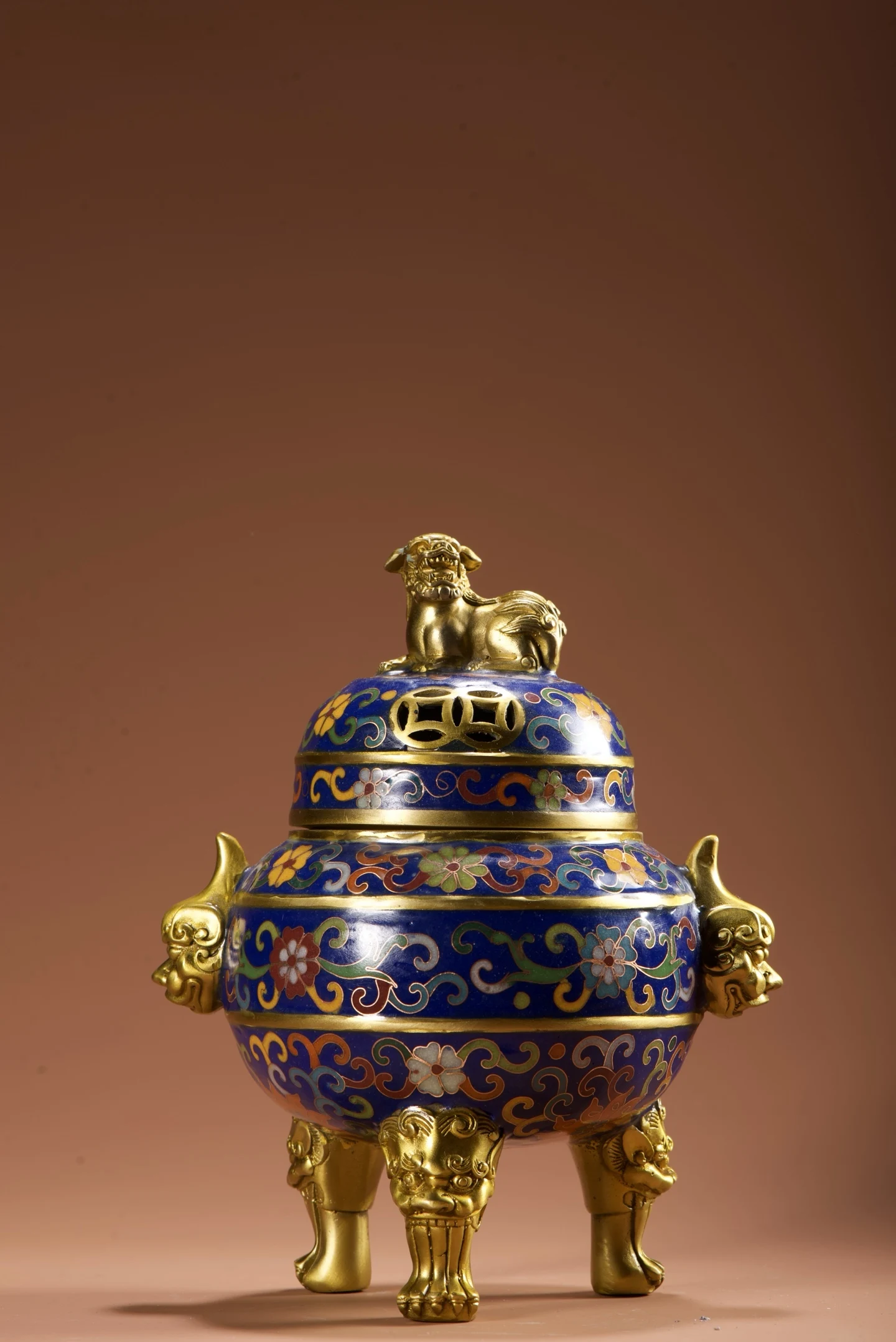 Old Bronze Cloisonn Enamel Door God Lion Unicorn Head Ear Beast Head Tripod Incense Burner Amass wealth Ornaments Town house