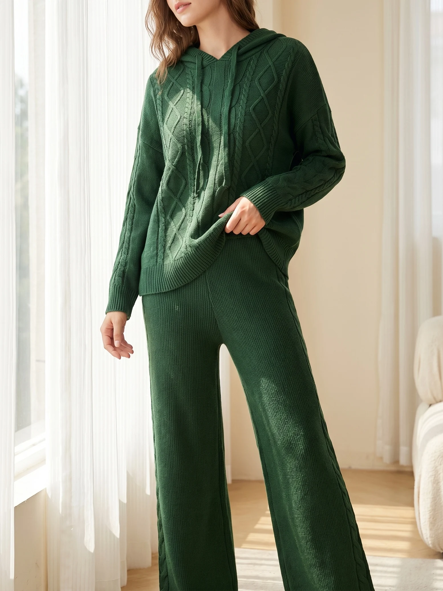 Plus Size Women Knit Two Piece Set Hooded Sweater Top High Waisted Wide Leg Pants Solid Color Casual Loungewear Autumn Winter