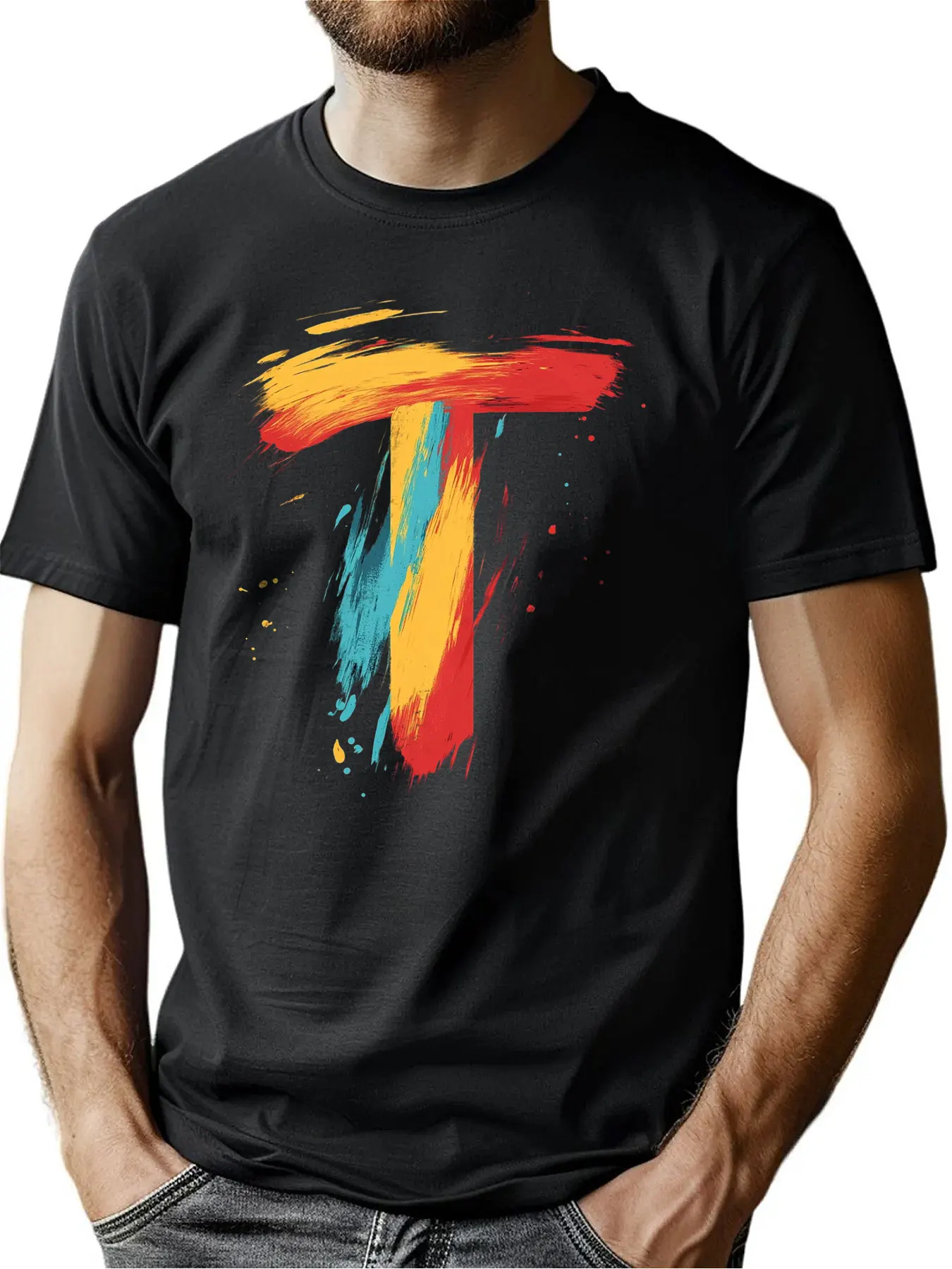 

Premium Soft Cotton Men's Crew Neck Tee With Brush-Stroke Design Christmas Gift Active Lifestyle Machine Washable For Men