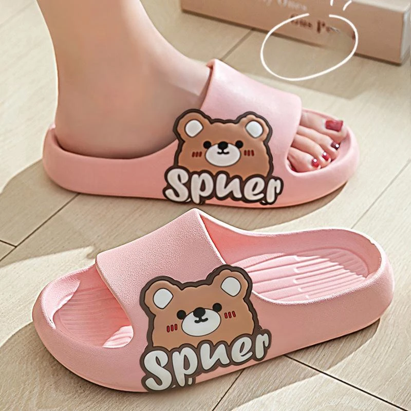 Women Bathroom Slippers Couple Summer EVA Soft Sole Beach Slippers Indoor & Outdoor Cute Cartoon Bear Home Slides Fashion