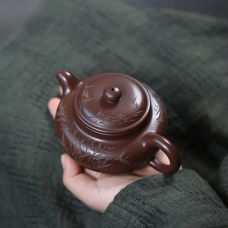 Yixing purple clay pot, raw ore pure hand-carved bamboo leaf antique pot, Chinese tea set gift pot