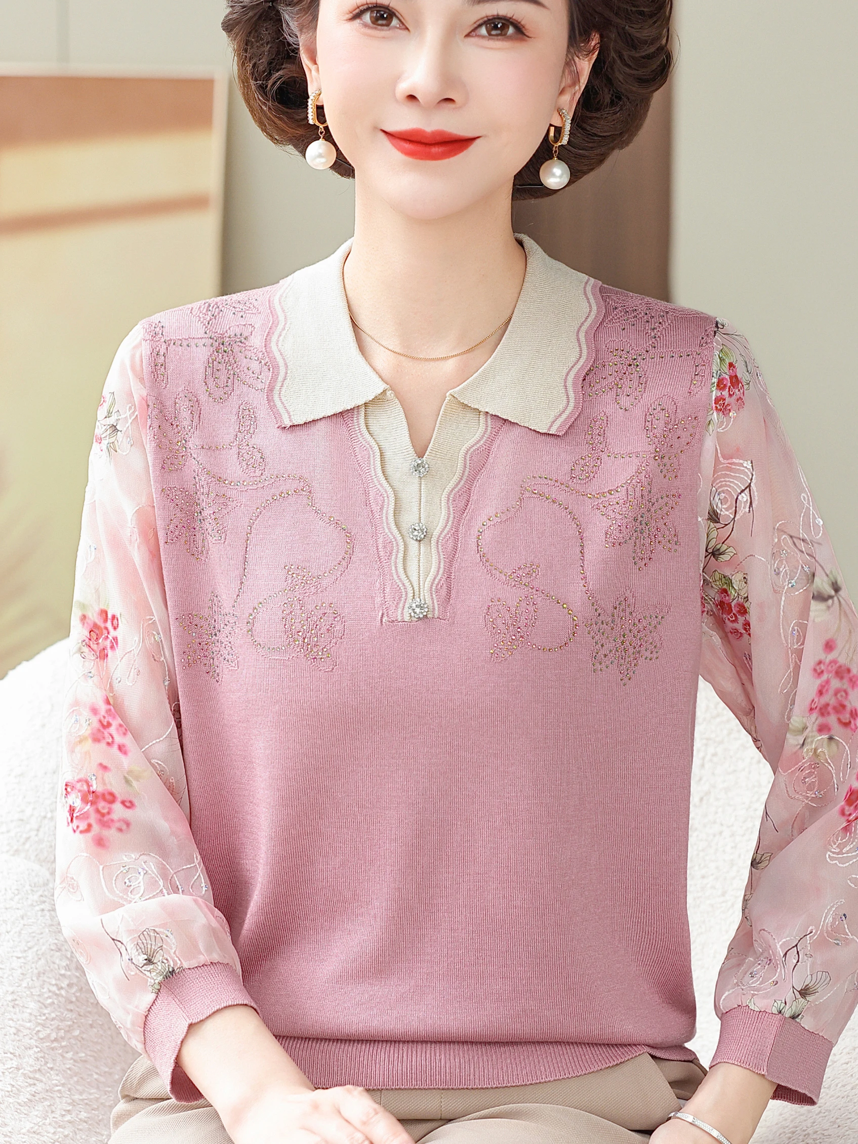 

Faionable Knitted Ice Silk T-irt Loose Fit Mom Spring Summer Clothing Svel Turn-down Collar Base Top for Middle-Age...