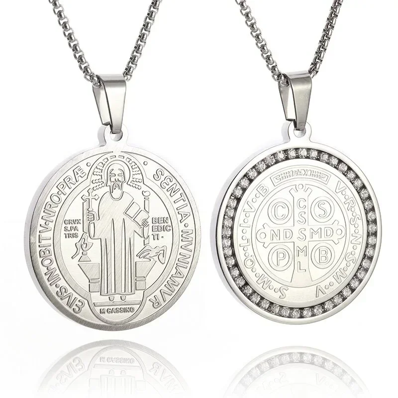 Saint Benedict Medallion Stainless Steel Pendant Zircon San Benito Collares Necklace Amulet Religious Cross Jesus Jewelry - view 5