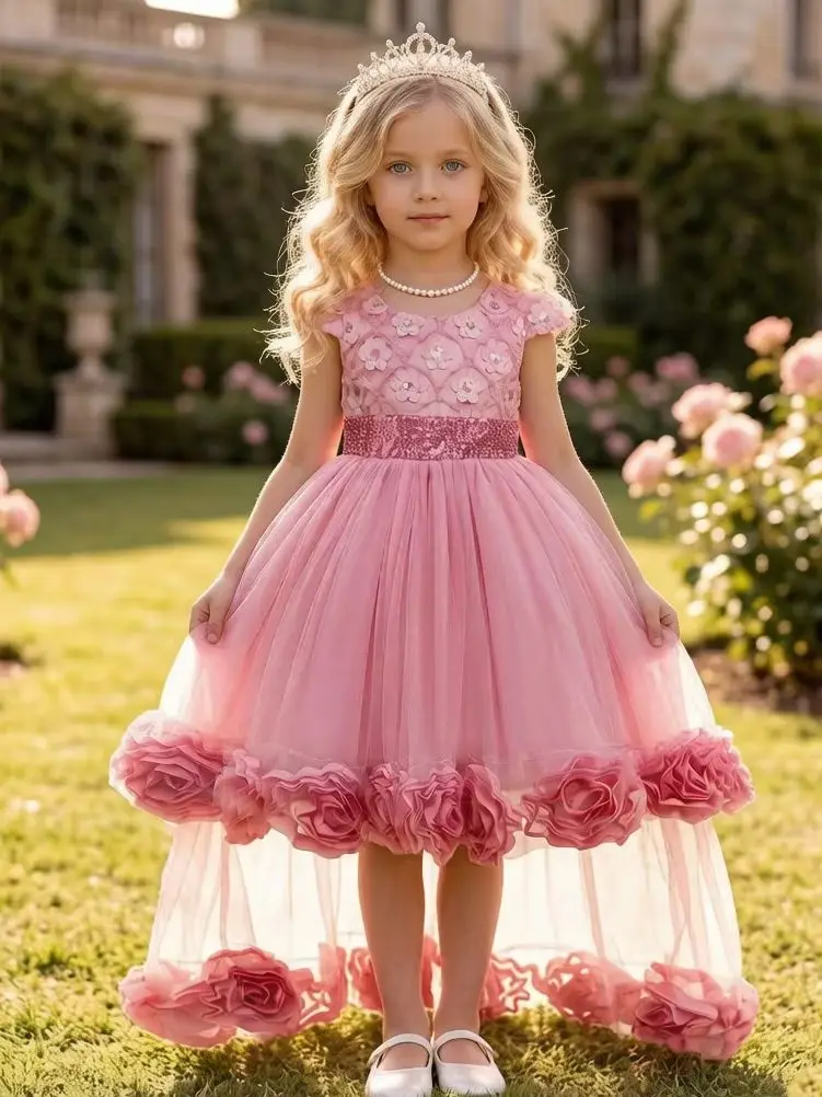 Flower Girl Dress 3D Rose Lace Tulle Sequin Waistband Princess Gown Birthday Holiday Wedding Party Formal Girls Dresses 3-12Y