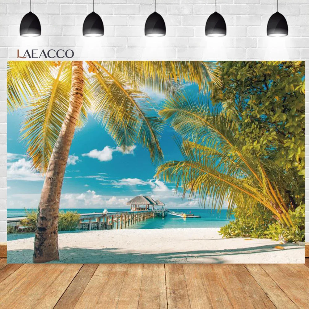 Laeacco Summer Sea Backdrops Sky Clouds Tropical Beach Palms Trees Photography Backgrounds For Photo Studio Photocall Photozone