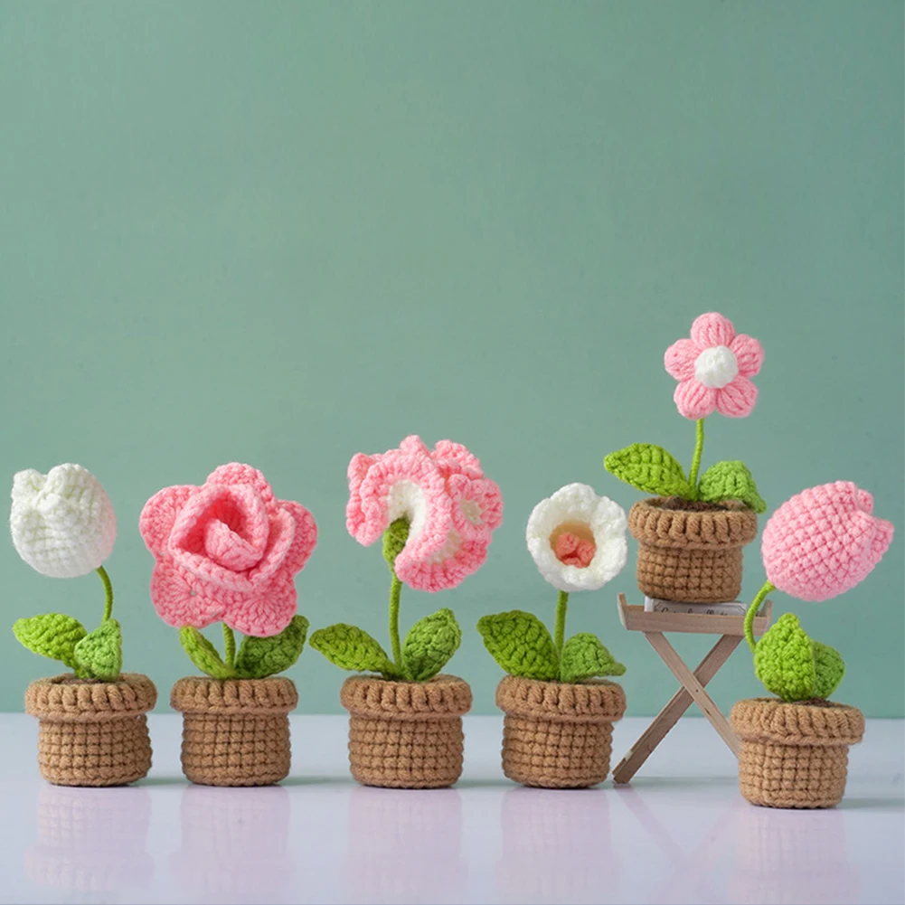 1/6pcs Crochet Potted Flower Kit Handmade DIY Tulip Tutorial Cotton Knitting Yarn Thread Needles Hooks Knit Tool Set Home Decor