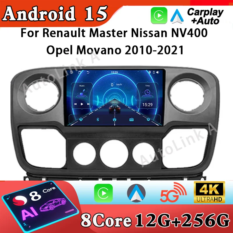 Android 15 BT For Renault Master Nissan NV400 Opel Movano 2010-2021 Car Radio GPS Navigation Multimedia Player Head Unit No 2din