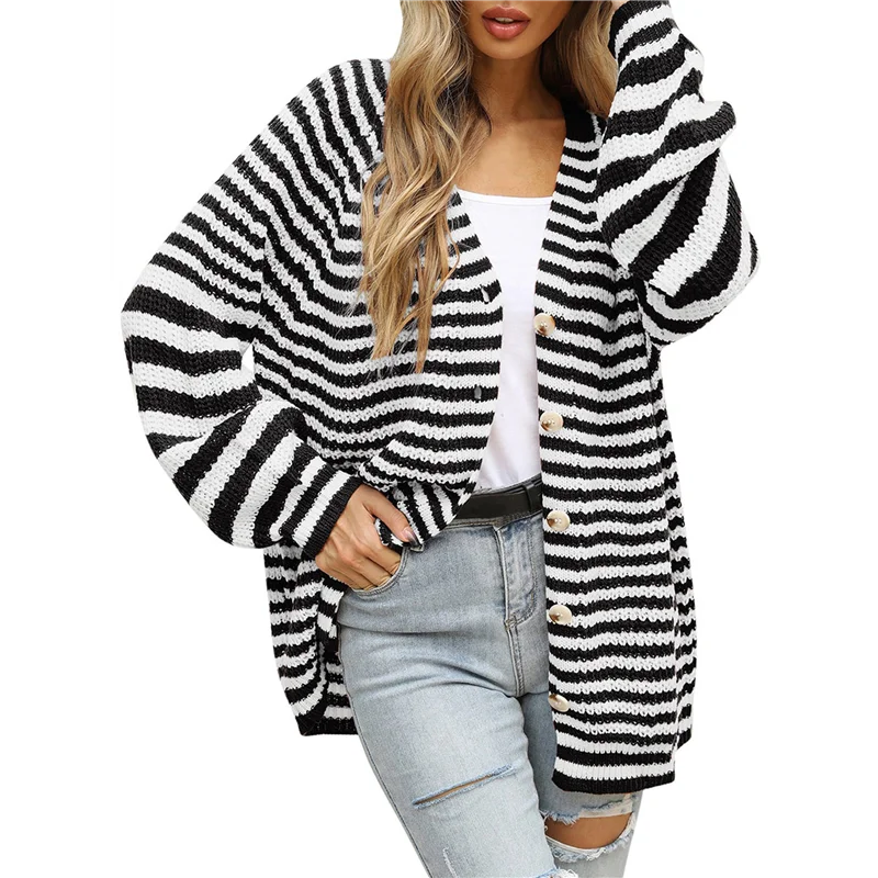 

AAAF Womens Striped Sweater Coat Casual Long Sleeve Open Front Button Down Loose Knit Cardigan Fall