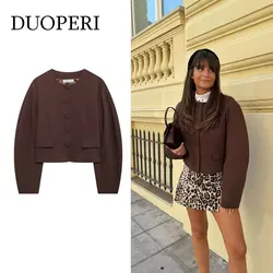 DUOPERI Women Fashion With Pockets Brown Single Breasted Jackets O-Neck Long Sleeves Female Chic Lady Outfits