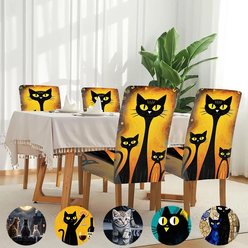 Elastic dining chair cover Three black cats dream illustration pattern removable, washable, home dining chair cover
