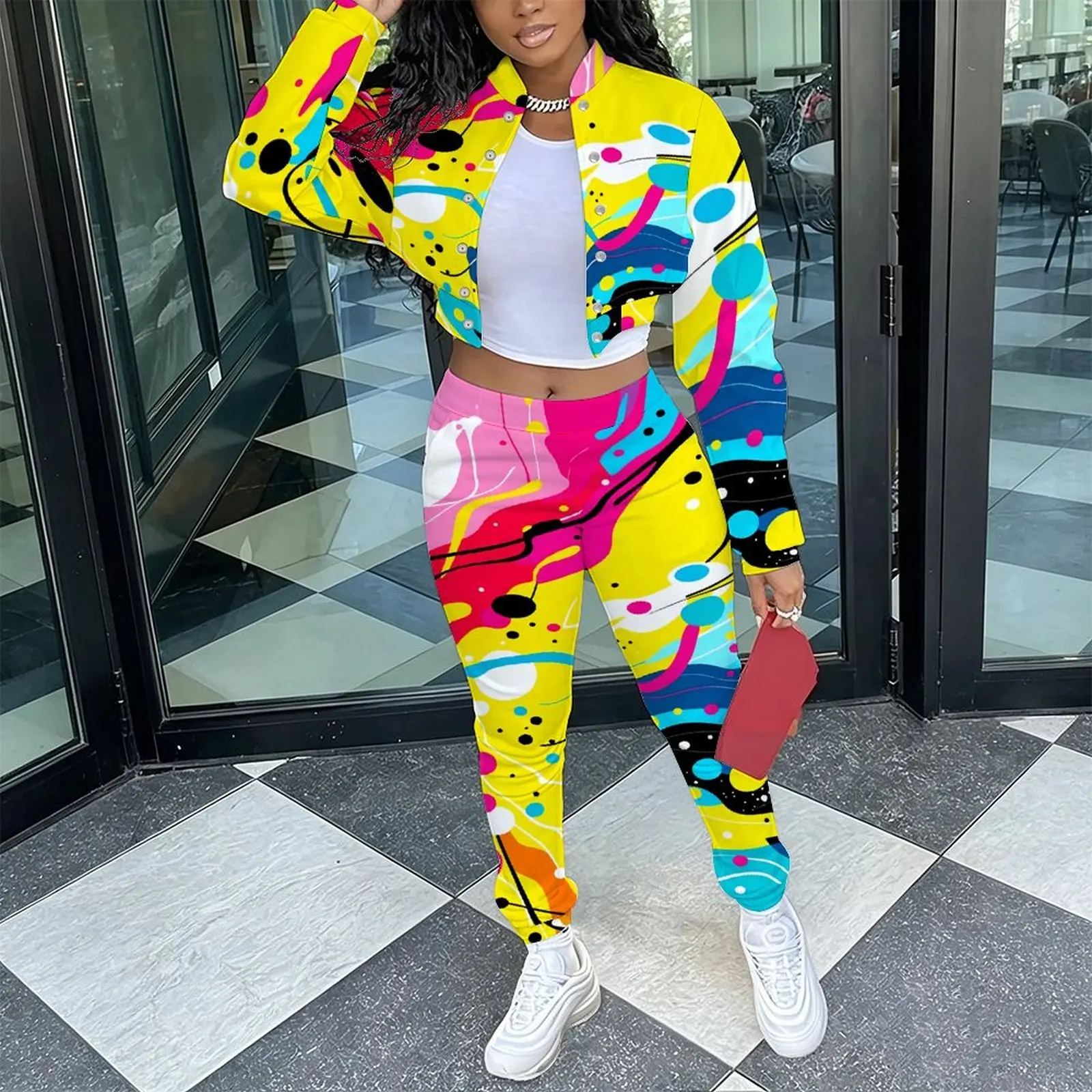 Female Fashion Two‑Piece Set Retro Long Sleeve Stand Collar Jacket  Slim Fit Long Pants Ladies Everyday Commuting Elegant Outfit