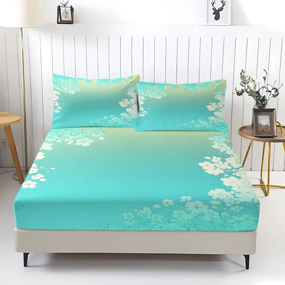 Gradient Cherry Blossom Print Fitted Sheet Set Bed Sheet Set Bedding Set No Fillers Ins Girly Apartment Bedroom Decor