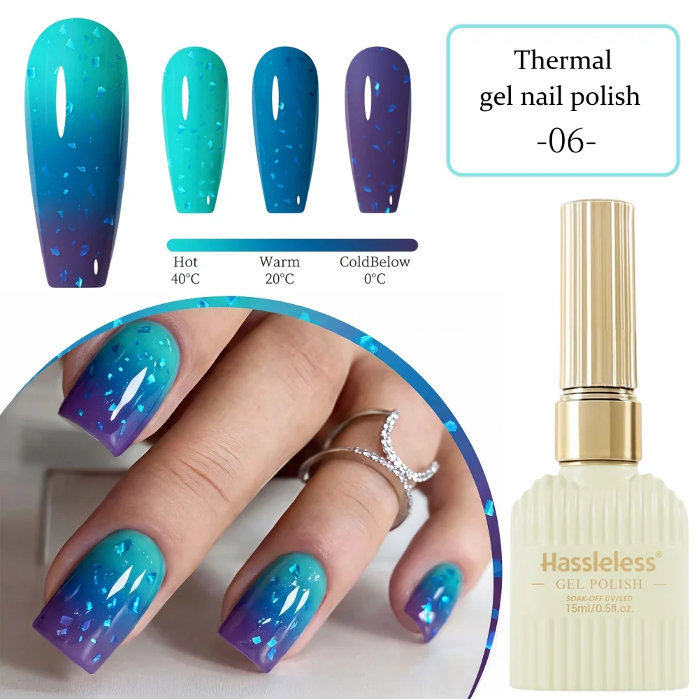 Hassleless Aurora Blue-Purple Temperature Changing Nail Polish Gel 15ml Ice Crystal Fragment Texture Creates a Dreamy Deep Sea Style Nail Gel