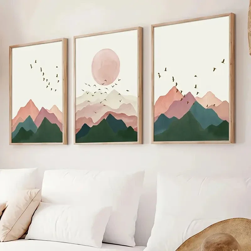 Multiple sizes 3pcs frameless Canvas Painting /Set Bohemian Mountain Bird Sunset Posters Nordic Landscape Art Canvas Printing Wa