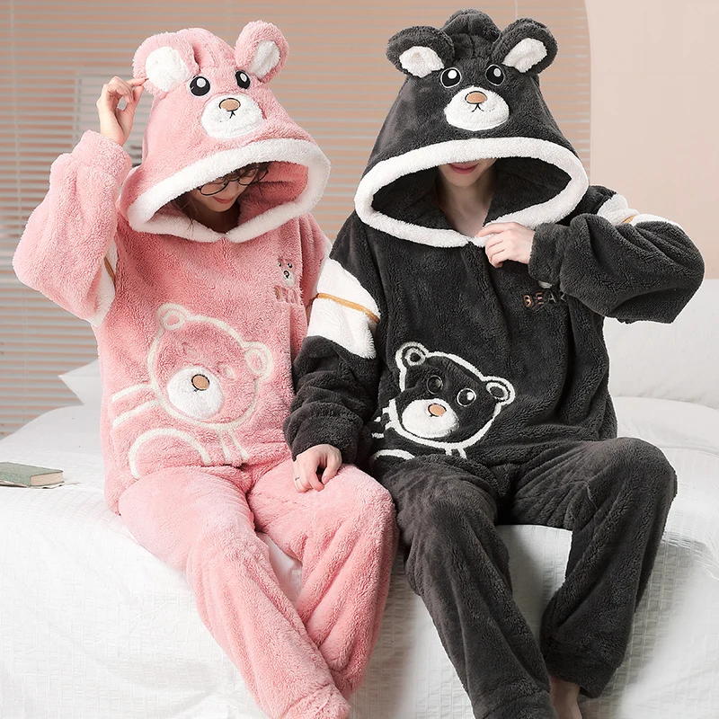 Conjunto de pijama com capuz de urso, mulheres, homens, kawaii, pijama coreano, inverno, grosso, quente, roupa de dormir, amantes, veludo coral, roupa caseira