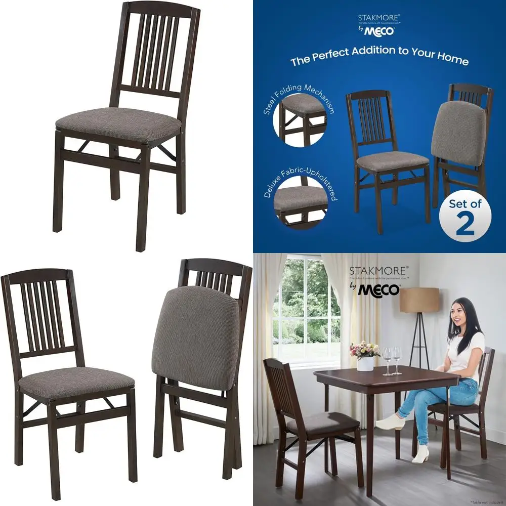 Sedie da pranzo pieghevoli in legno massello con cuscino in tessuto per uso interno - Finitura Espresso, stile Mission