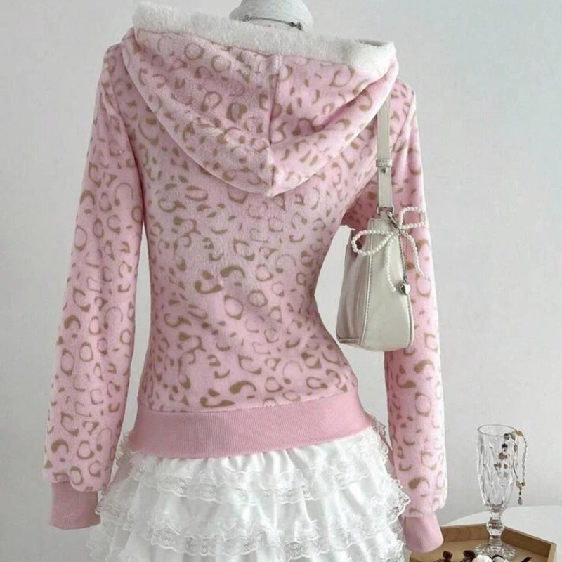 Vintage doce leopardo impressão jaqueta com capuz feminino novo design high street zip up casaco japonês kawaii bonito magro y2k roupas de outono
