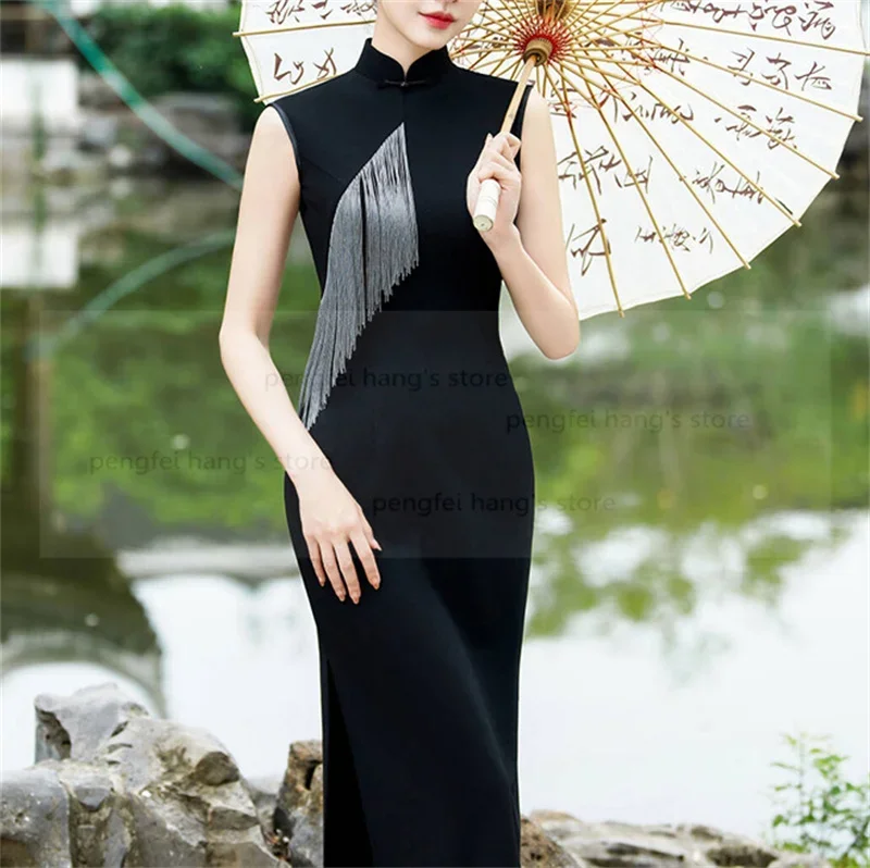 

Qipao с кисточками, женское сексуальное черное платье без рукавов Chesongam, новое платье в китайском стиле, длинное свадебное платье невесты, большие размеры 3Xl4Xl 5Xl