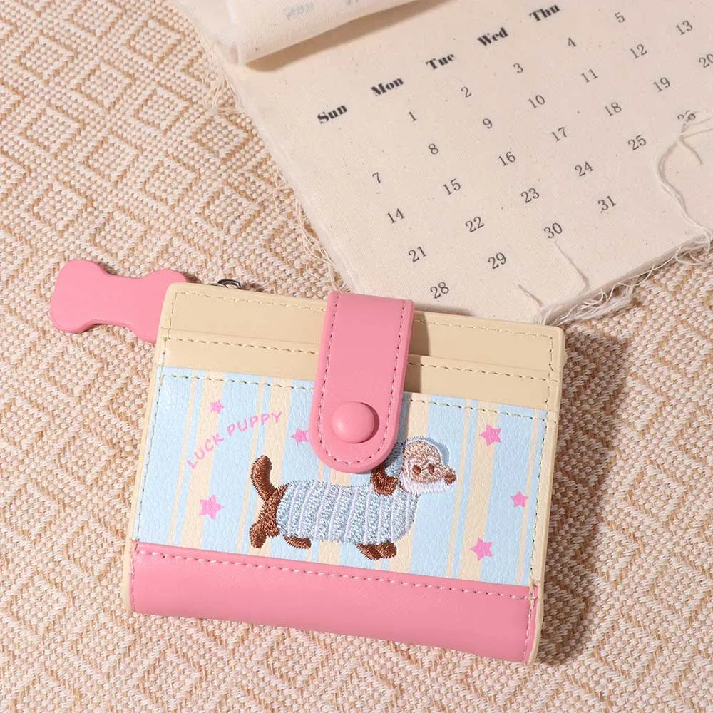 Dopamine Color Dachshund Embroidery Coin Purse Pouch Zipper Cartoon Pu Wallet Ins Korean Style Small Item Bag Female/Girls