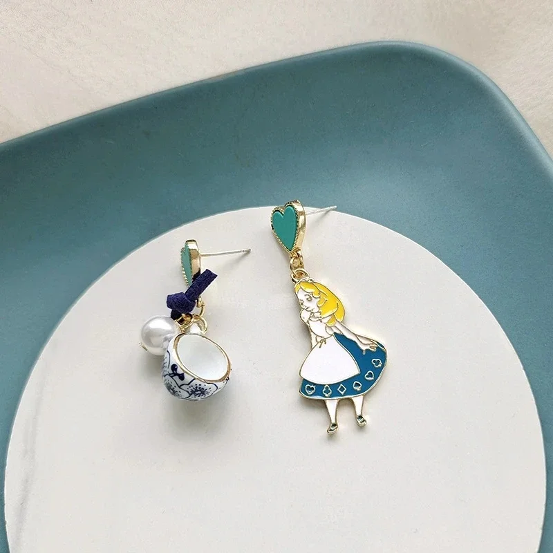Carton Fairy Tale Princess Alice Asymmetry Earrings Imitation Pearl Blue Heart Dangle Earrings Cute Girls Enamel Earrings image 2