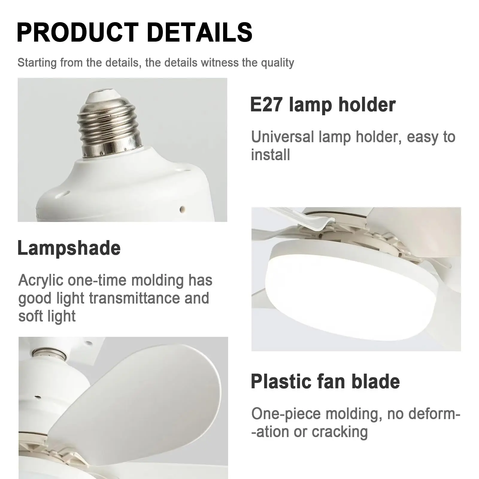 Ceiling Fans with Lights, Socket Fan Light 6 Blades Socket Dimmable 3 Color Temperatures for Kids Room Small Attic Small Kitchen