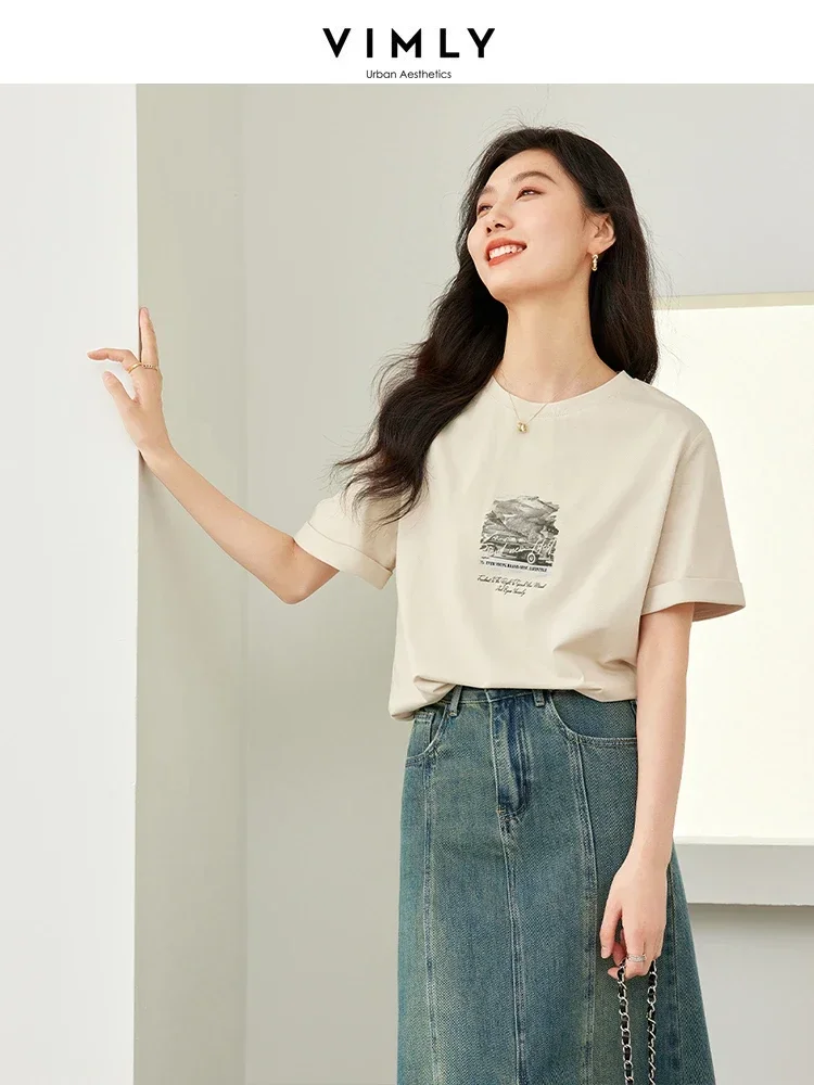 Vimly Apricot Printed Short Sleeves Loose Thin T-shirt Top 2024 Summer New Casual Round Neck Women Pullovers Clothing M6962