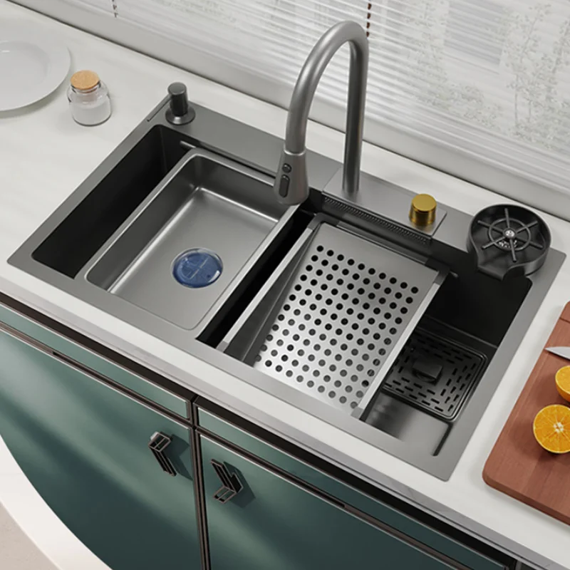 Imagem -02 - Cachoeira Pia com Porta-faca Único Nano Sink Anti-scratch Counter Top Grande Cozinha Aço Inoxidável 304