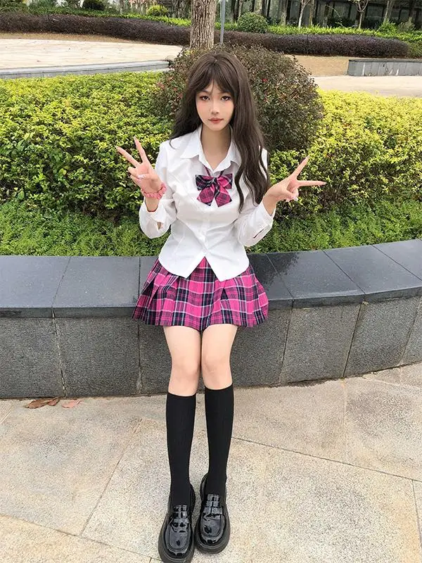 

Original JK Uniform School Style White Long Sleeve Shirt Women's Top Versatile Small Rose Grid Skirt Set Polyester Fabric V-N...