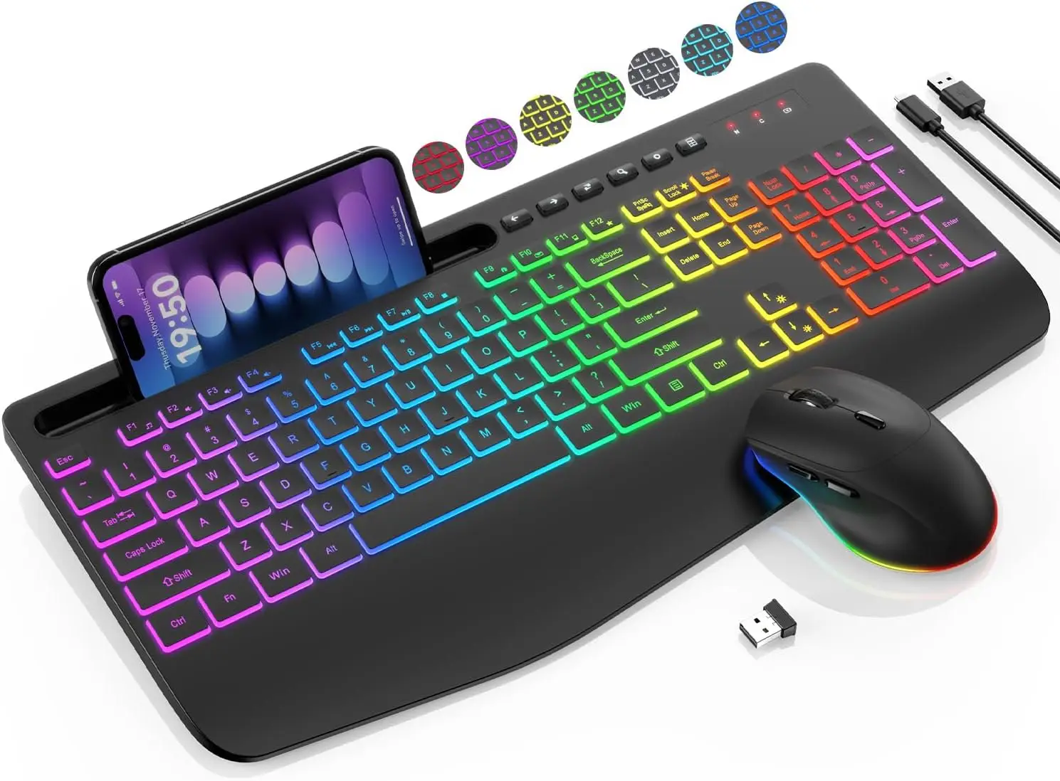SGIAWETA-Wireless Keyboard and Mouse Combo - 9 Backlit Effects, RGB, Ergo Wrist Rest, Phone Holder, 2.4G Full-birthday
