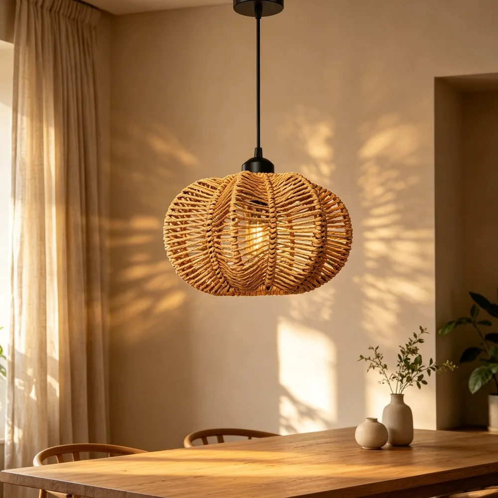 JOYINLED Rattan Wicker Chandelier Pendant Lamp Ceiling Lights Hand Woven Hanging Lamp 23CM Suspended Home Dining Indoor Decor