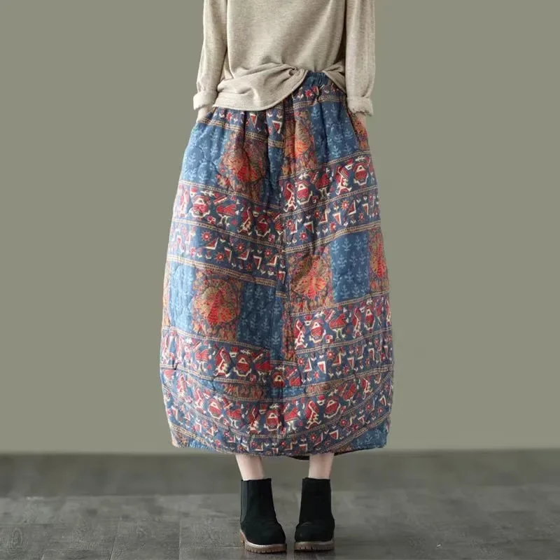 Vintage Floral Print Thicken Quilted Warm Women's Dress Autumn Fashion Female Soft Comfortable Skirt China Winter Retro Clothing