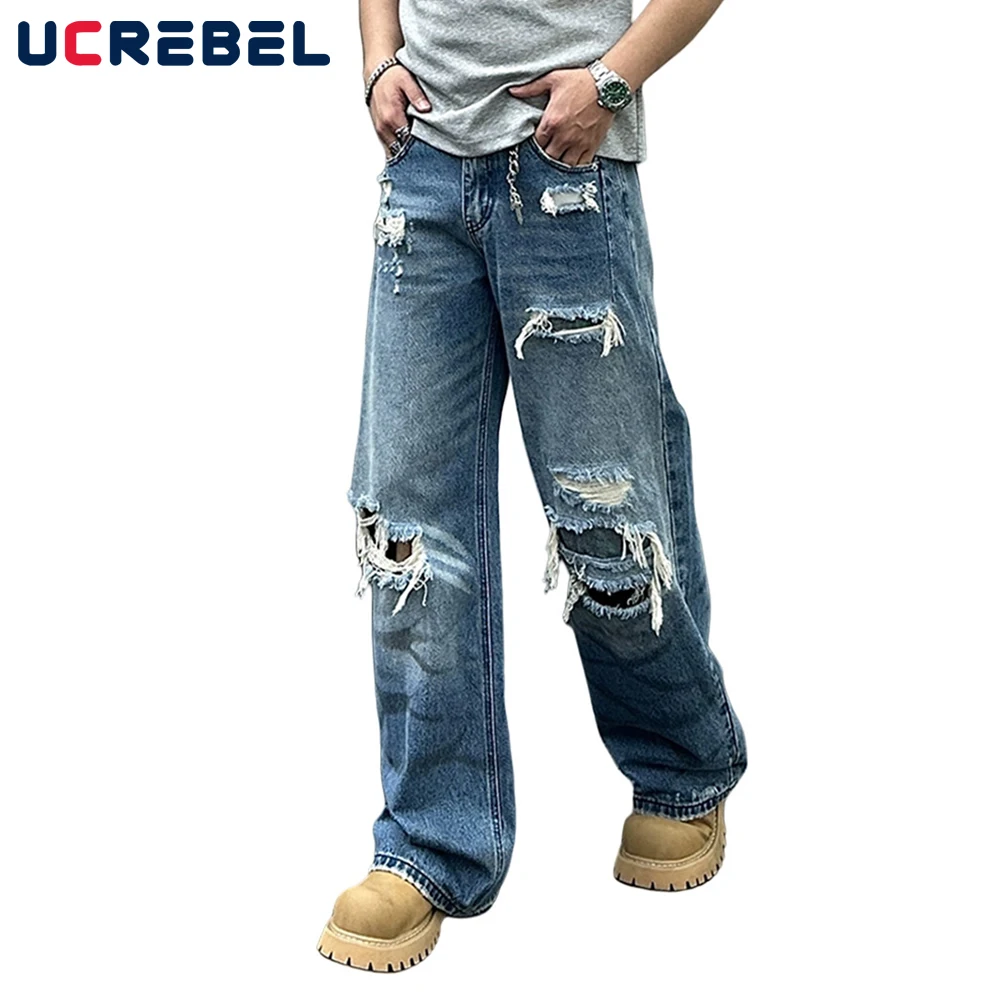 Retro Washed Distressed Ripped กางเกงยีนส์ Mens High Street หลวมตรงขากว้างขา Baggy Denim กางเกงผู้ชาย