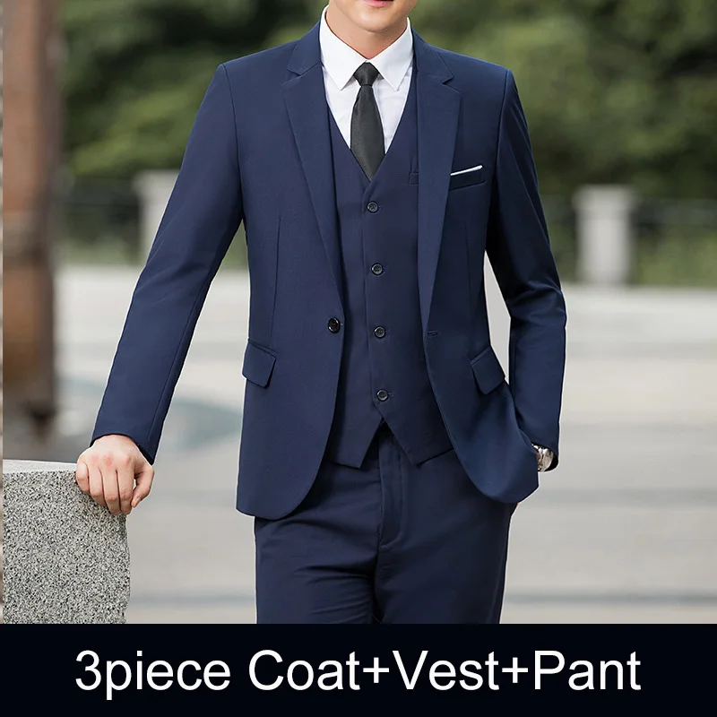 Man Three-piece Sets Fashion Turn Down Collar Coat+Single-breasted Vest+Pant Male Outfit Solid Color Business Wedding Men Suit