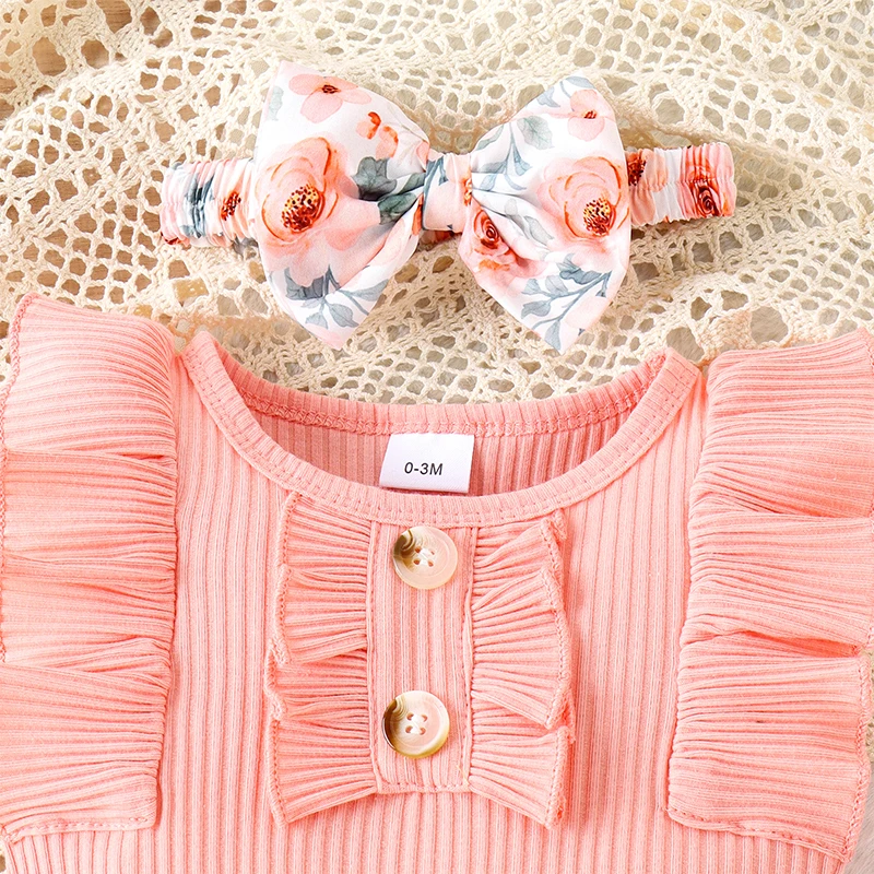 

Newborn Baby Girl Summer Clothes Flying Sleeve Ribbed Romper Flower Printed Shorts Headband 3 Piece Outfits Sets